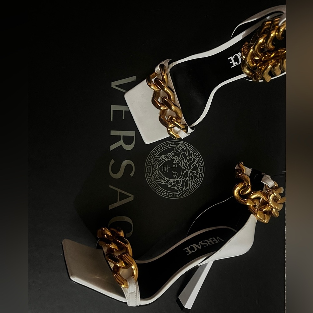 Versace White Heels with Gold Chain Detail